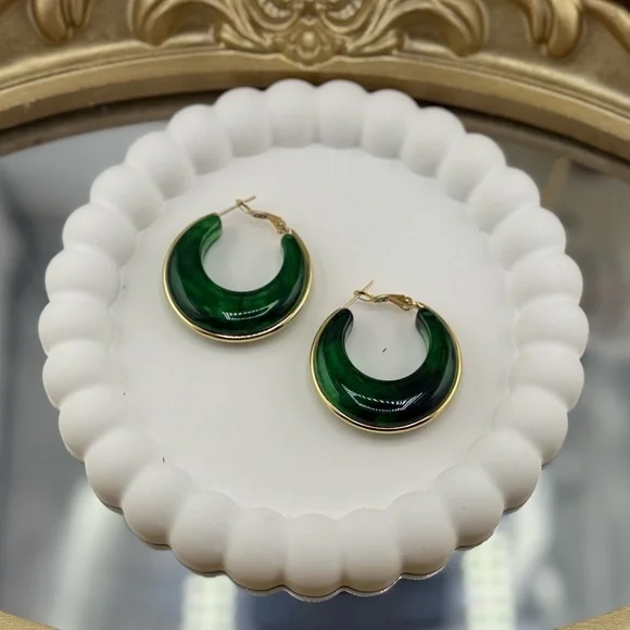 Green Resin Hoop Earrings – Gold Plated Stainless Steel - Picture 4 of 6